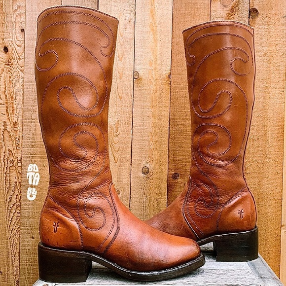 Sold Frye Campus Vintage Y2K Boots Retro Swirl Tall Knee High Chunky Brown Zip - Picture 10 of 11